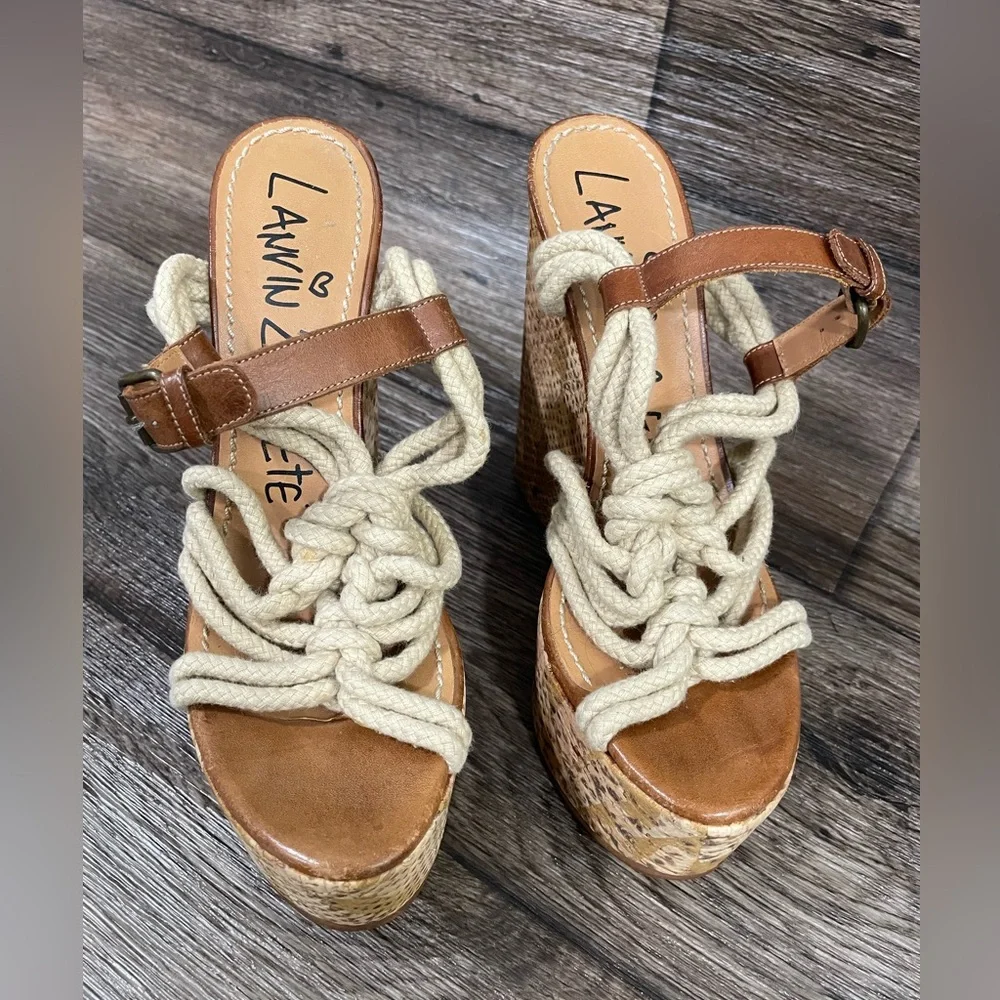 Lanvin 2012 Ete Sandals Rope Snake Print Cork Platform‎ Wedge Open Toe Brown 37